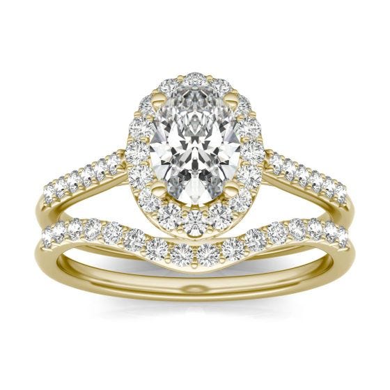 1 1/2 CTW Oval Caydia Lab Grown Diamond Signature Bridal Set with Side-Stones Ring 18K Yellow Gold