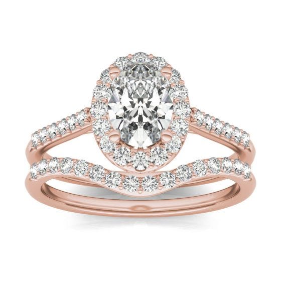 1 1/2 CTW Oval Caydia Lab Grown Diamond Signature Bridal Set with Side-Stones Ring 18K Rose Gold