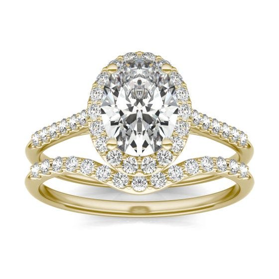 2 CTW Oval Caydia Lab Grown Diamond Signature Bridal Set with Side-Stones Ring 18K Yellow Gold