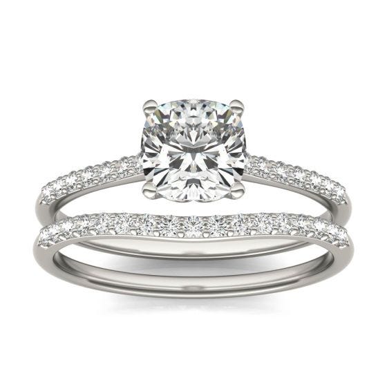1 1/3 CTW Cushion Caydia Lab Grown Diamond Signature Bridal Set with Side-Stones Ring 18K White Gold