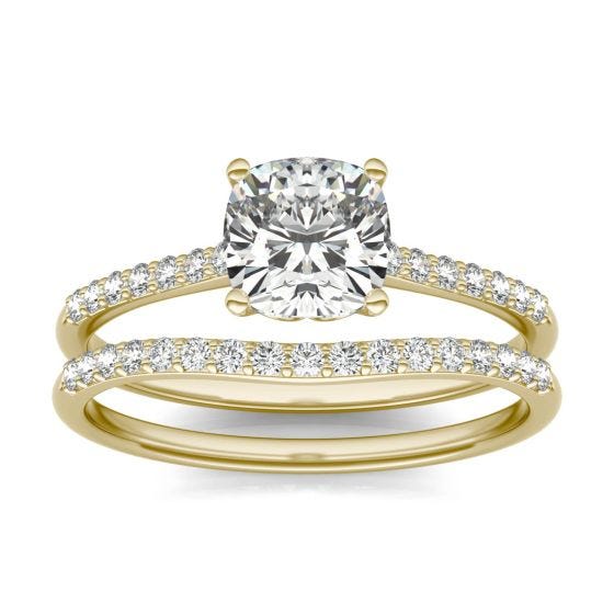 1 1/3 CTW Cushion Caydia Lab Grown Diamond Signature Bridal Set with Side-Stones Ring 18K Yellow Gold