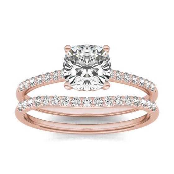 1 1/3 CTW Cushion Caydia Lab Grown Diamond Signature Bridal Set with Side-Stones Ring 18K Rose Gold