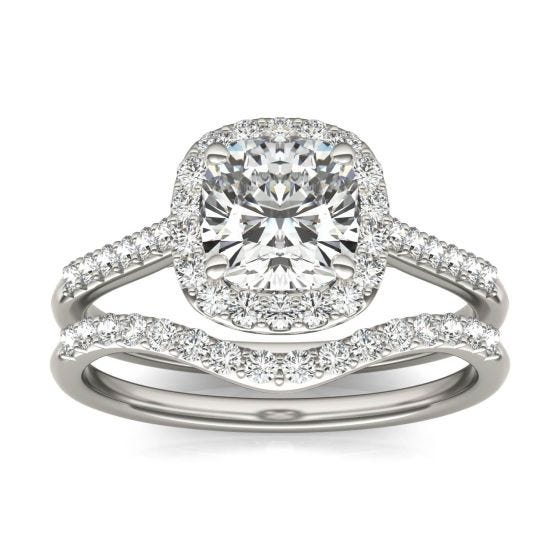 2 CTW Cushion Caydia Lab Grown Diamond Signature Halo with Side-Stones Bridal Set Ring 18K White Gold