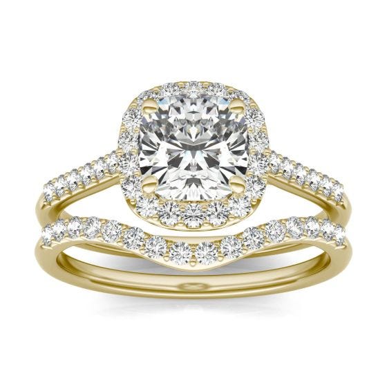 2 CTW Cushion Caydia Lab Grown Diamond Signature Halo with Side-Stones Bridal Set Ring 18K Yellow Gold