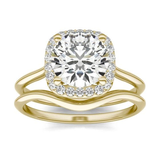2 3/4 CTW Cushion Caydia Lab Grown Diamond Signature Halo Bridal Set Ring 18K Yellow Gold