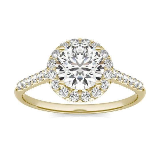 1 1/3 CTW Round Caydia Lab Grown Diamond Signature Halo with Side Accents Engagement Ring 18K Yellow Gold