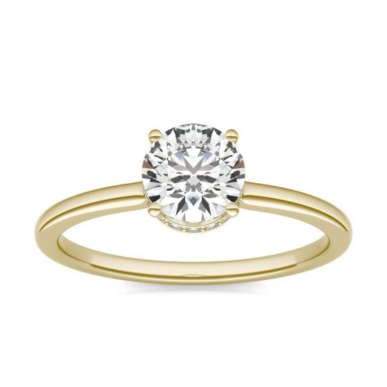 7/8 CTW Round Caydia Lab Grown Diamond Hidden Halo Solitaire Engagement Ring 18K Yellow Gold