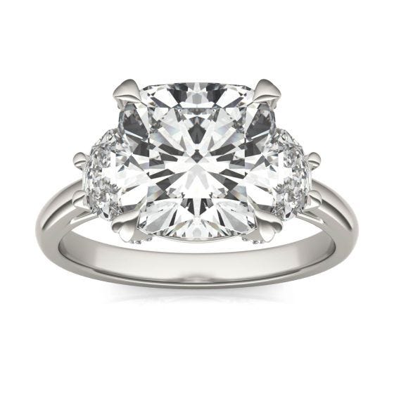 3.93 CTW DEW Cushion Forever One Moissanite Half Moon Accented Engagement Ring 14K White Gold