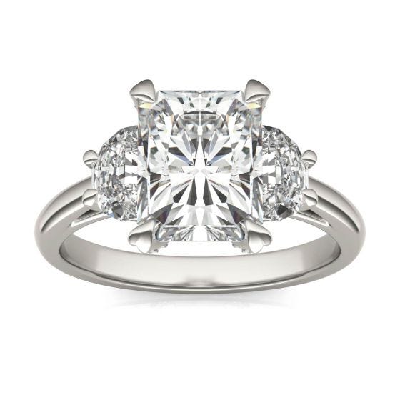3.47 CTW DEW Radiant Forever One Moissanite Half Moon Accented Engagement Ring 14K White Gold