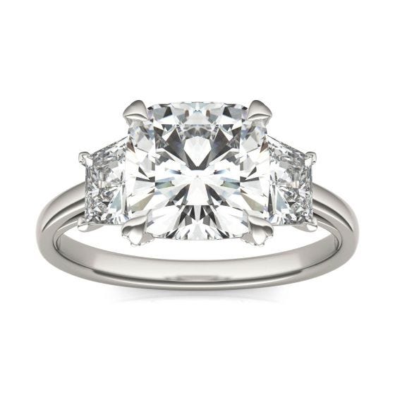 4.33 CTW DEW Cushion Forever One Moissanite Trapezoid Accent Three Stone Ring 14K White Gold
