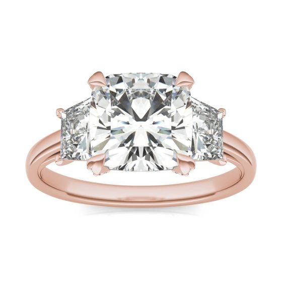 4.33 CTW DEW Cushion Forever One Moissanite Trapezoid Accent Three Stone Ring 14K Rose Gold