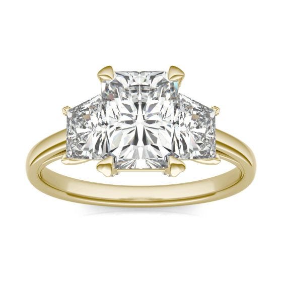 2.96 CTW DEW Radiant Forever One Moissanite Trapezoid Accent Three Stone Ring 14K Yellow Gold