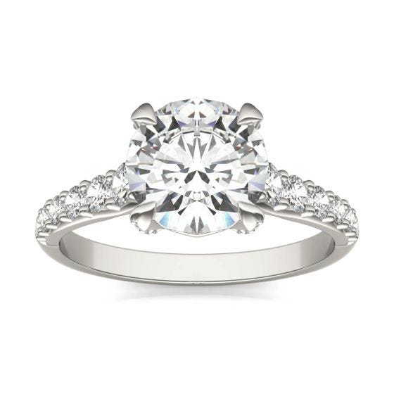 2.42 CTW DEW Round Forever One Moissanite Side-Stone Solitaire with Gallery Accents Engagement Ring 14K White Gold