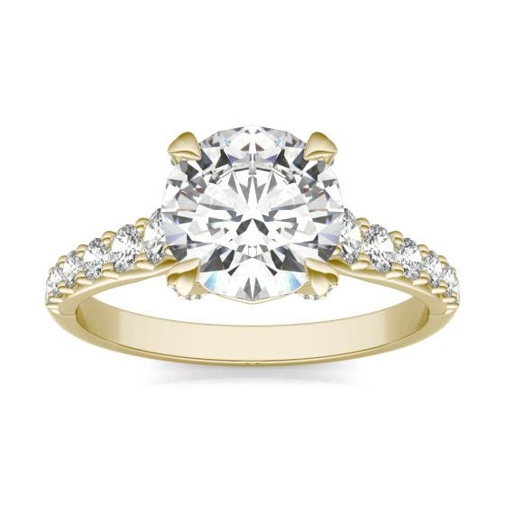 2.42 CTW DEW Round Forever One Moissanite Side-Stone Solitaire with Gallery Accents Engagement Ring 14K Yellow Gold