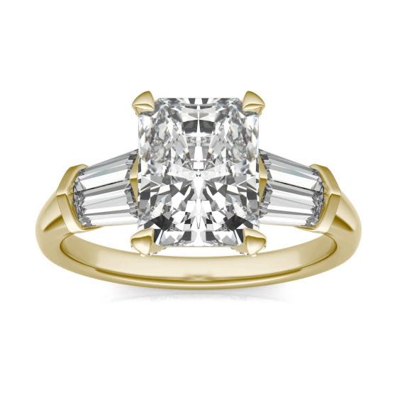 3.61 CTW DEW Radiant Forever One Moissanite Baguette Accented Engagement Ring 14K Yellow Gold