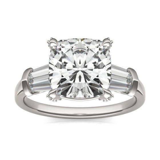 4.07 CTW DEW Cushion Forever One Moissanite Baguette Accented Engagement Ring 14K White Gold