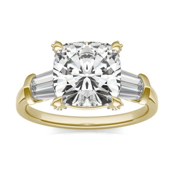 4.07 CTW DEW Cushion Forever One Moissanite Baguette Accented Engagement Ring 14K Yellow Gold