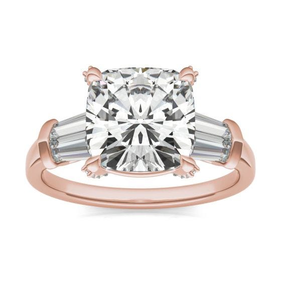 4.07 CTW DEW Cushion Forever One Moissanite Baguette Accented Engagement Ring 14K Rose Gold