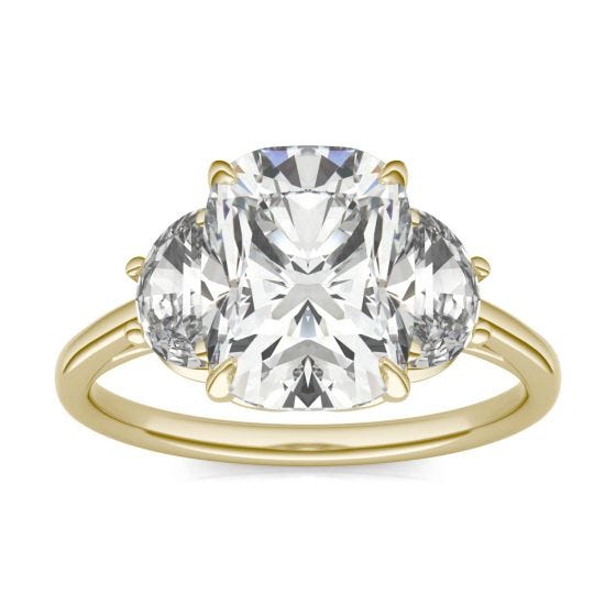 3.96 CTW DEW Elongated Cushion Forever One Moissanite Signature Three Stone Engagement Ring 14K Yellow Gold