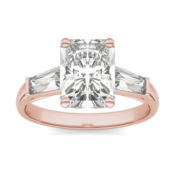 3.30 CTW DEW Radiant Forever One Moissanite Signature Three Stone Engagement Ring 14K Rose Gold