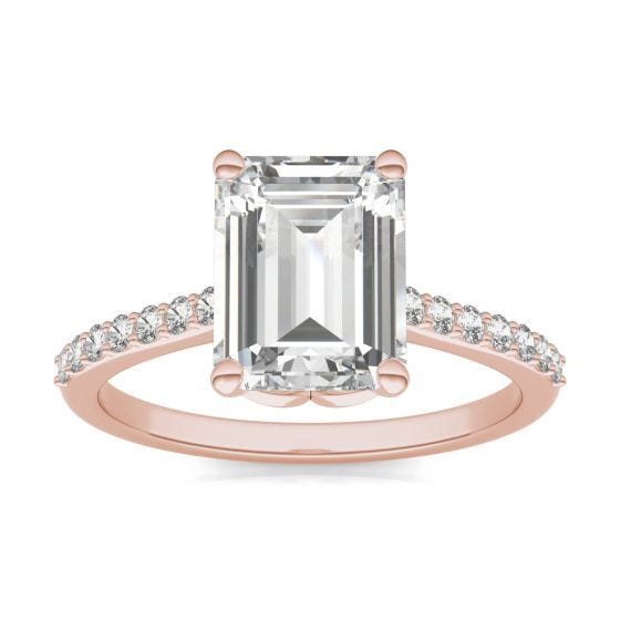 2.75 CTW DEW Emerald Forever One Moissanite Signature Solitaire with Side Accents Engagement Ring 14K Rose Gold