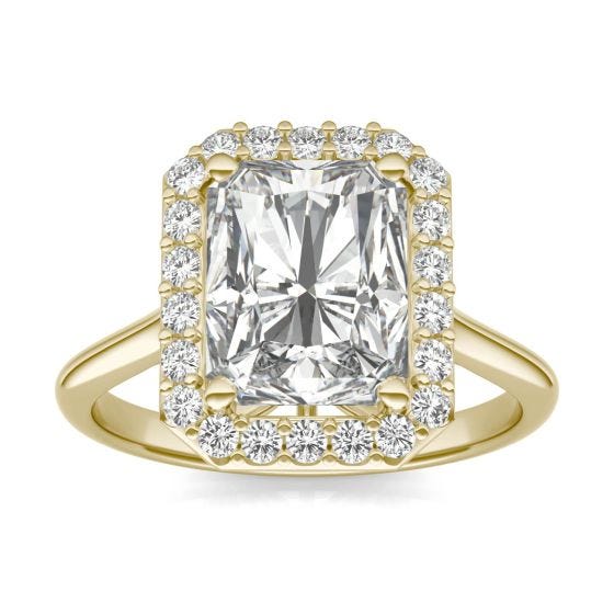 4.31 CTW DEW Radiant Forever One Moissanite Signature Halo Engagement Ring 14K Yellow Gold