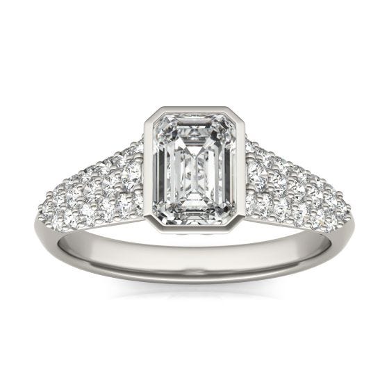 1 1/2 CTW Emerald Caydia Lab Grown Diamond Signature Bezel Pave Engagement Ring 18K White Gold