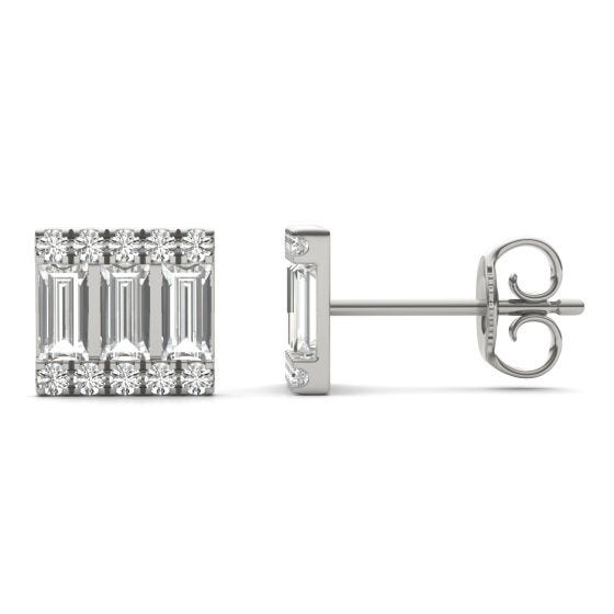 1 CTW Straight Baguette Three Row Stud Earrings 14K White Gold Stone Color G