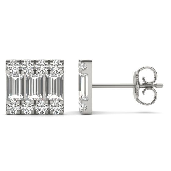 1 1/2 CTW Straight Baguette Three Row Stud Earrings 14K White Gold Stone Color G