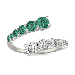 5/8 CTW Round Caydia Lab Grown Diamond Bypass Graduated Fashion Ring 14K White Gold featuring Created Emerald