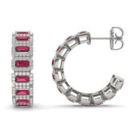 1 1/2 CTW Round Caydia Lab Grown Diamond Halo Hoop Earrings 14K White Gold featuring Created Ruby