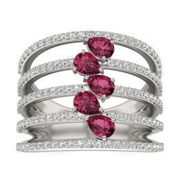 2/3 CTW Round Caydia Lab Grown Diamond Five Row Statement Ring 14K White Gold featuring Created Ruby
