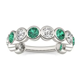 1 5/8 CTW Round Caydia Lab Grown Diamond Couture Bezel Anniversary Ring 14K White Gold featuring Created Emerald