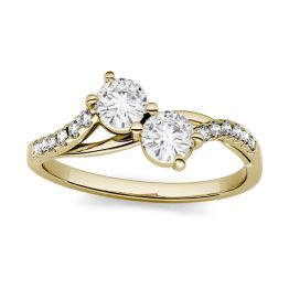 0.58 CTW DEW Round Forever One Moissanite Two Stone with Side Accents Ring 14K Yellow Gold