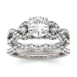 2.08 CTW DEW Round Forever One Moissanite Solitaire with Side Accents Bridal Ring 14K White Gold