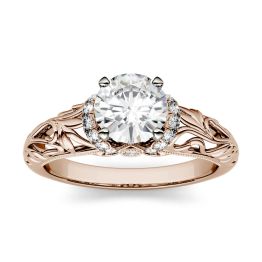 1.17 CTW DEW Round Forever One Moissanite Floral Band Solitaire with Side Accents Engagement Ring 14K Rose Gold