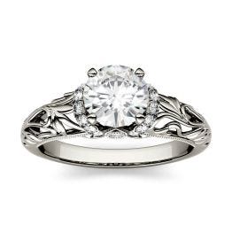 1.17 CTW DEW Round Forever One Moissanite Floral Band Solitaire with Side Accents Engagement Ring 14K White Gold, SIZE 5.0