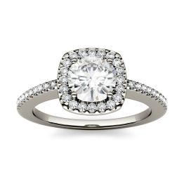 1.24 CTW DEW Round Forever One Moissanite Halo with Side Accents Engagement Ring 14K White Gold