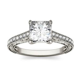 1.74 CTW DEW Square Forever One Moissanite Side Stone with Scrollwork Ring 14K White Gold