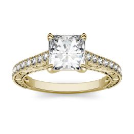0.91 CTW DEW Square Forever One Moissanite Side Stone with Scrollwork Ring 14K Yellow Gold
