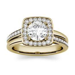 1.27 CTW DEW Round Forever One Moissanite Channel Set Halo with Side Accents Engagement Ring 14K Yellow Gold
