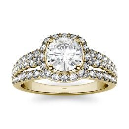 1.86 CTW DEW Round Forever One Moissanite Triple Shank Halo Engagement Ring 14K Yellow Gold