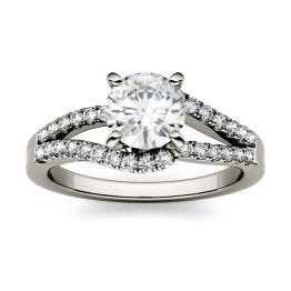 1.31 CTW DEW Round Forever One Moissanite Split Shank Solitaire with Side Accents Engagement Ring 14K White Gold