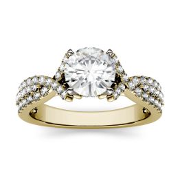 1.56 CTW DEW Round Forever One Moissanite Triple Row Solitaire with Side Accents Ring 14K Yellow Gold