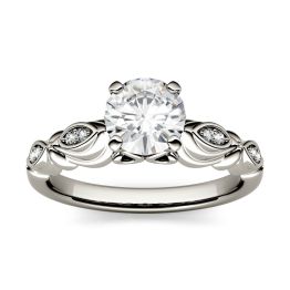 1.06 CTW DEW Round Forever One Moissanite Solitaire with Side Accents Engagement Ring 14K White Gold