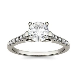 1.15 CTW DEW Round Forever One Moissanite Solitaire with Side Accents Engagement Ring 14K White Gold