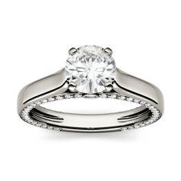1.53 CTW DEW Round Forever One Moissanite Solitaire with Side Accents Engagement Ring 14K White Gold