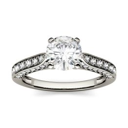 1.50 CTW DEW Round Forever One Moissanite Solitaire with Side Accents Engagement Ring 14K White Gold