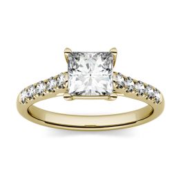 1.92 CTW DEW Square Forever One Moissanite Solitaire with Side Accents Engagement Ring 14K Yellow Gold
