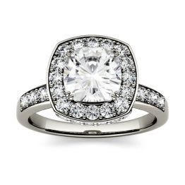 1.66 CTW DEW Cushion Forever One Moissanite Channel Set Halo with Side Accents Engagement Ring 14K White Gold